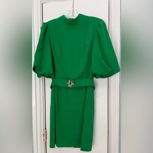 Chic Green Dress with Ballon Sleeves and Embellished Belt - New (without tags)